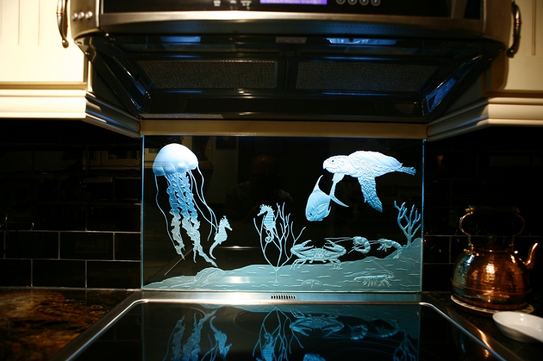 Sand Carved Glass Kitchen Stove Backsplash by Lex Melfi