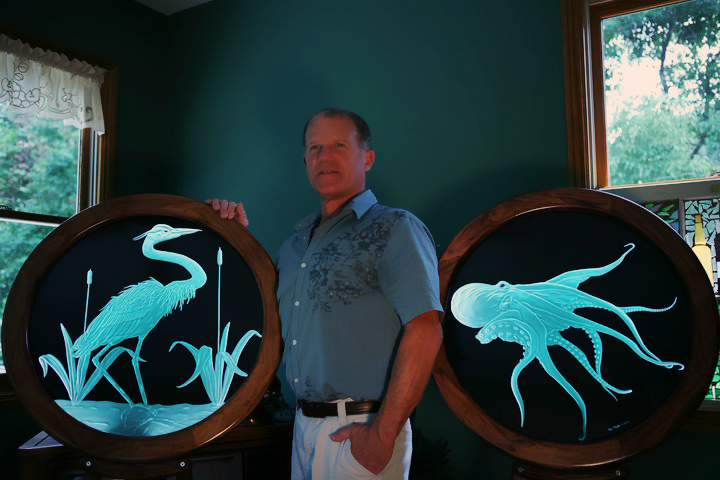 Sand Carved Glass by Lex Melfi ~ Framed Blue Heron & Framed Octopus